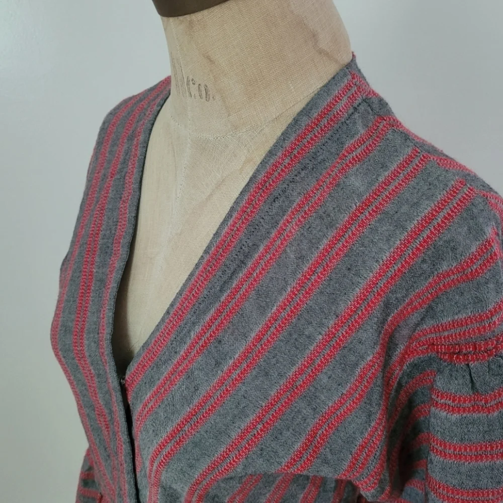 Madewell Balloon Puff Sleeve Peplum Blouse Gray Red Stripe XS